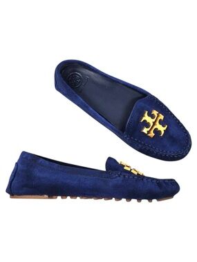 Tory Burch Everly Driver Loafers Nat Suede Royal Navy Rolled Brass 83642 Size 6